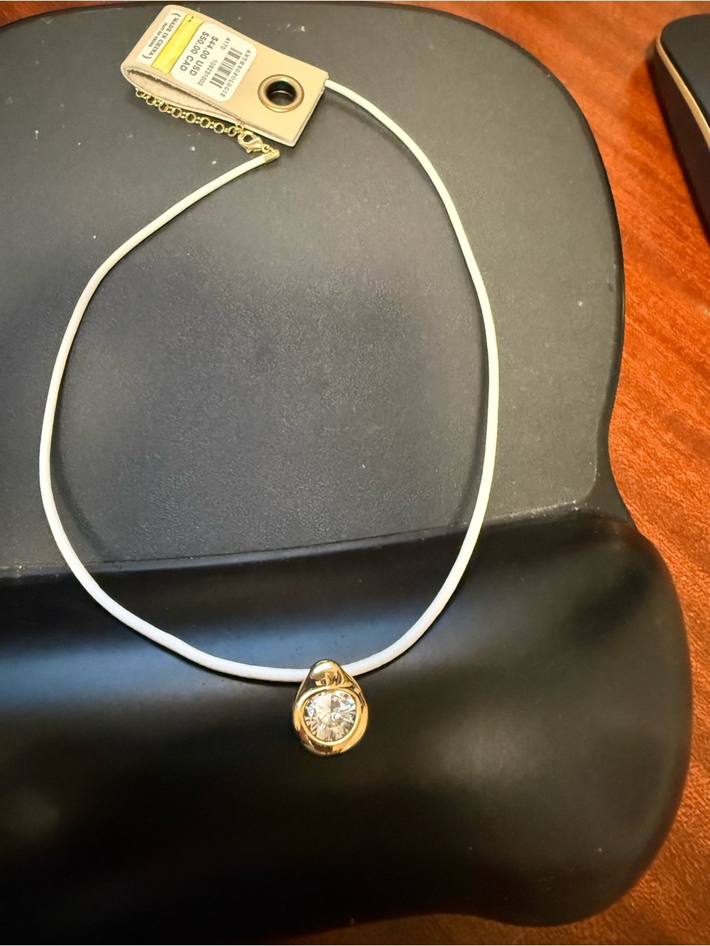 Anthropologie Gold Pendant Necklace with White Cord and Clear Crystal
